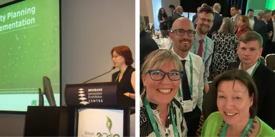Sharyn Taylor presenting at a conference and in a group photo with colleagues