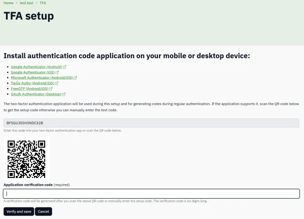 TFA application setup details screenshot