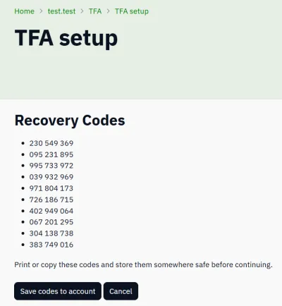 TFA recovery codes screenshot